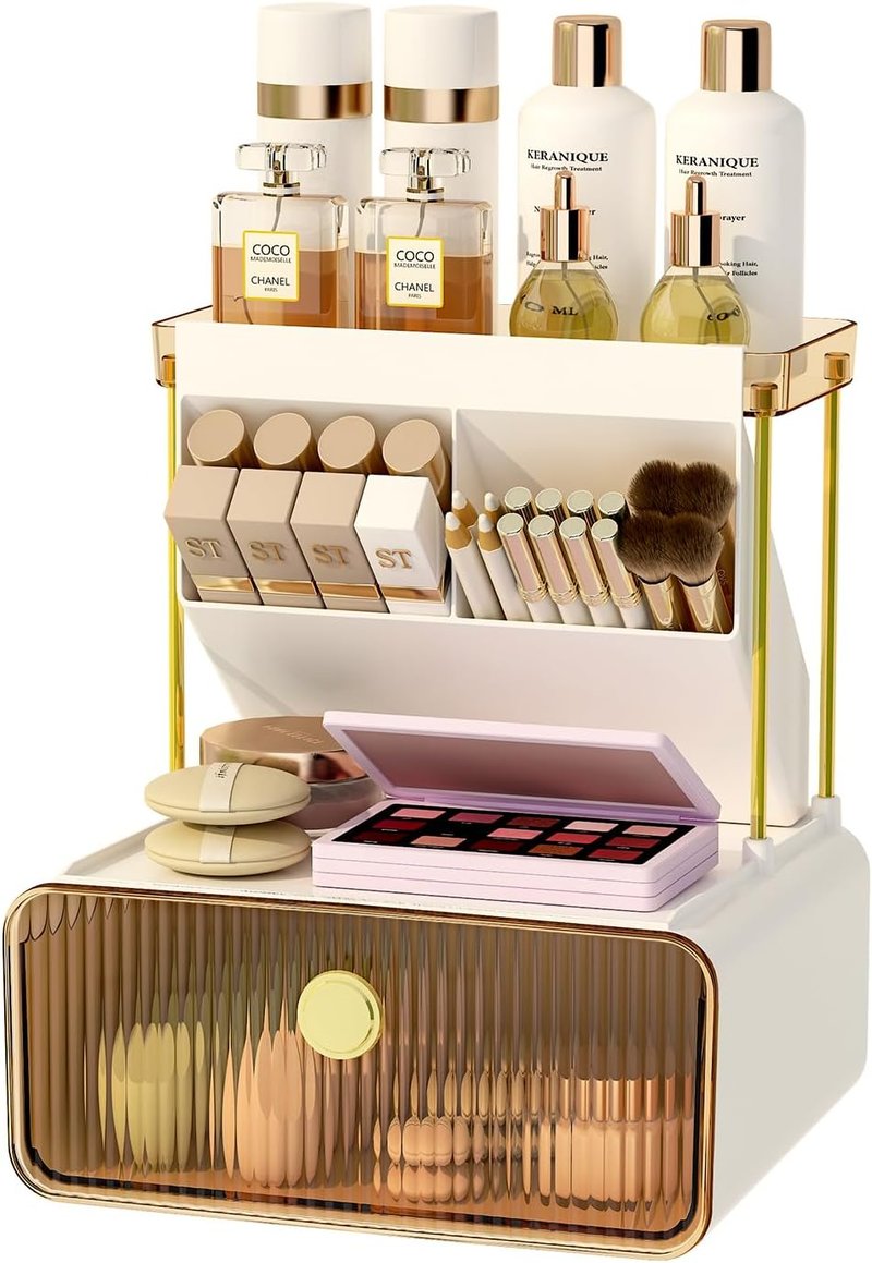 3 Tiers Makeup Organizer - Cosmetic Display with Drawer & Lipstick Holder | Amber Color for Vanity & Bathroom