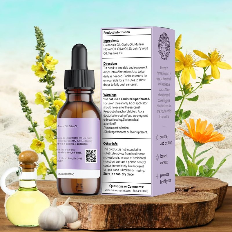 Marie Originals Mullein Garlic Oil Ear Drops for Adults Kids and Pets, Natural Herbal Earache Oil for Earwax Removal, Dry Itchy Ears and After Swimming Care, 1oz (1 Pack)
