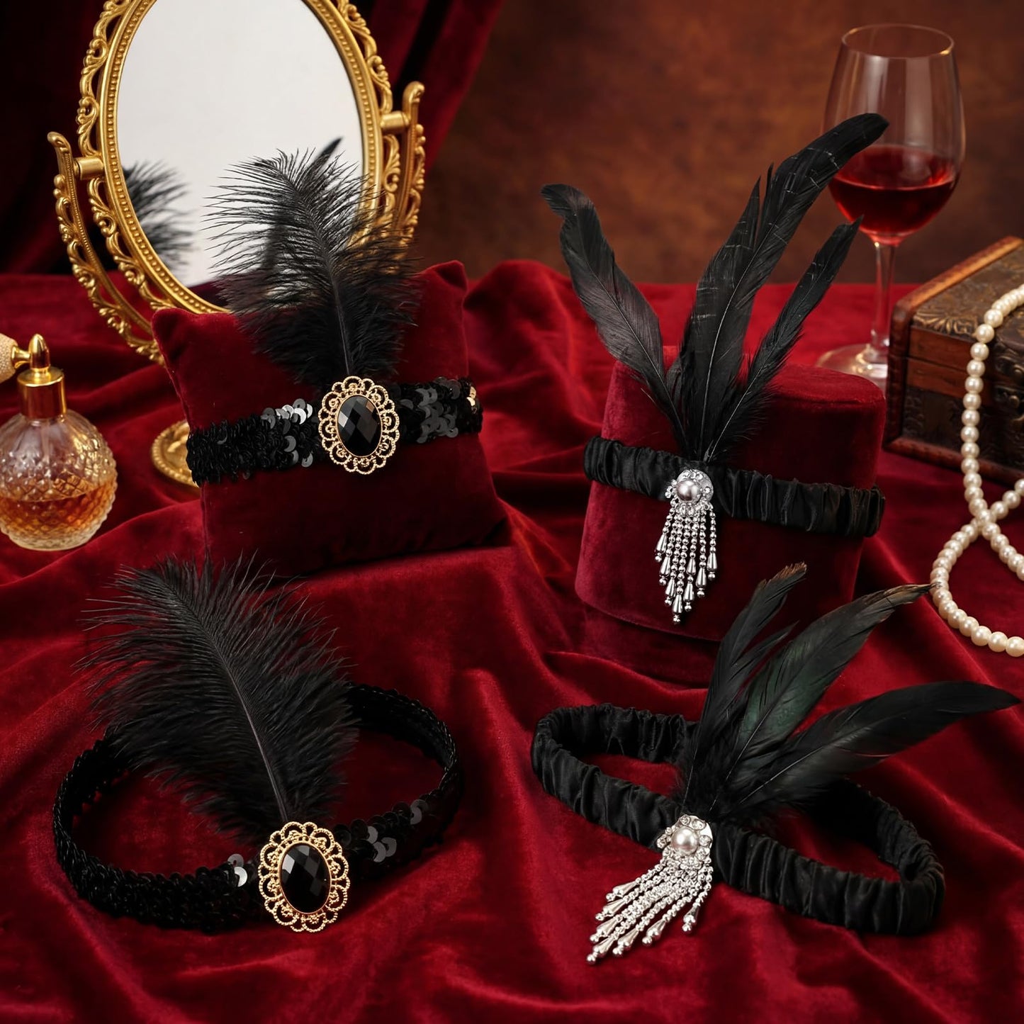 Ceenna 24 Pieces 1920s Flapper Headband Black Feather Headband Costume Flapper Headpiece 20s Rhinestone Hair Accessory for Women