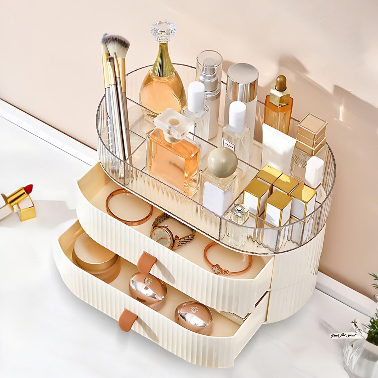 Ruiqas Makeup Organizer Countertop with 2 Drawers and 1 Clear Tray Stackable Skincare Cosmetics Storage Box for Vanity and Bathroom Countertop