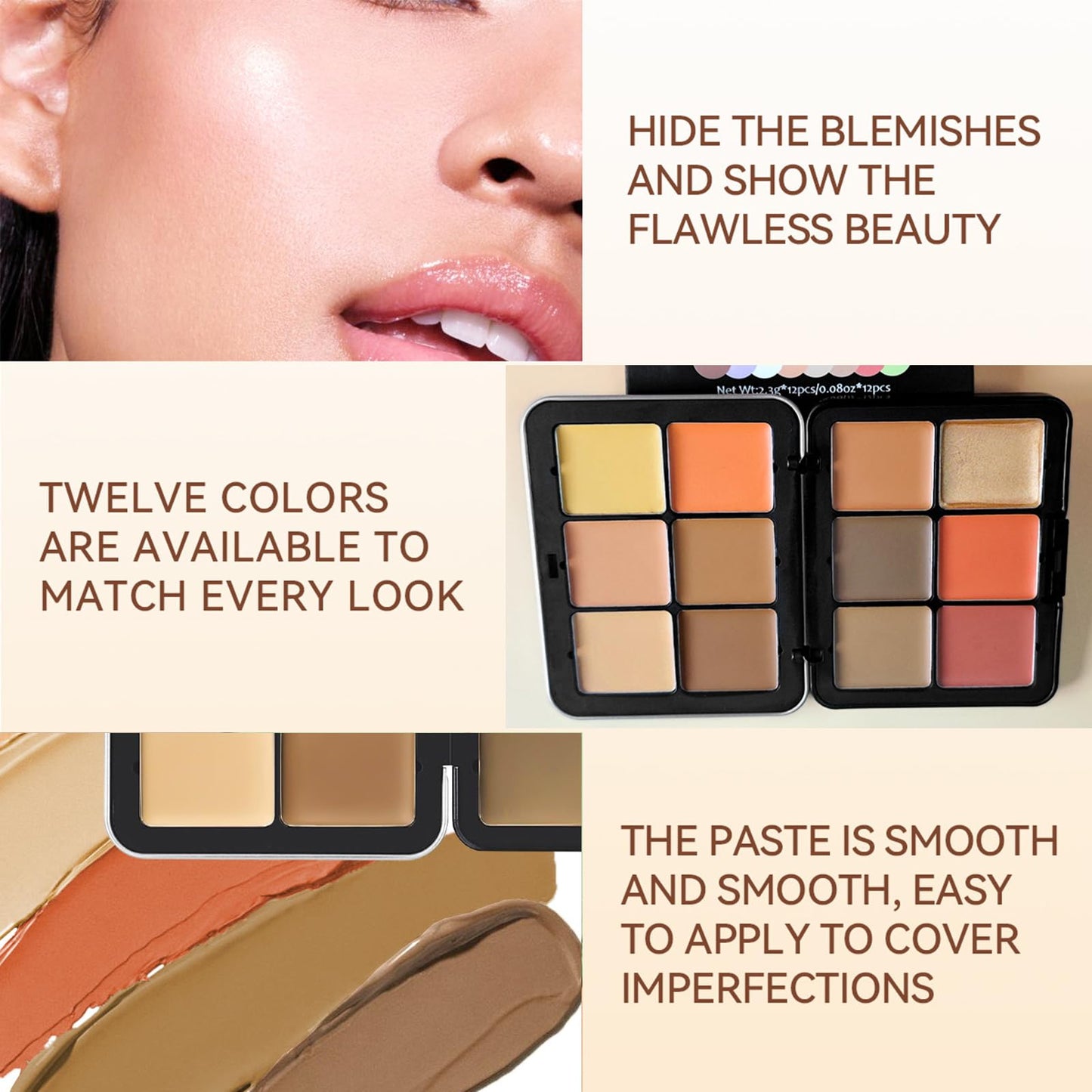 JasCherry 12 Colors Blush Palette, Colour Correcting Concealer Foundation Palette, 10 Makeup Brush Set, Highlighter Bronzer Contour Concealer Cream Matte Long Lasting Brightening Face Cosmetics