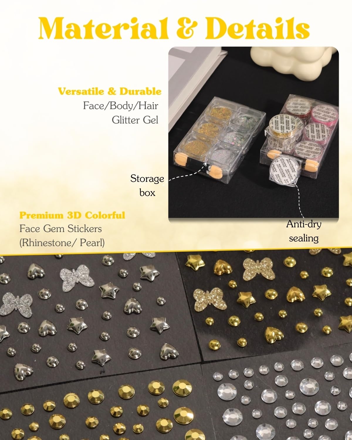 6+4 Gold Silver Face Gems Body Glitter Set: Sparkly Face Hair Glitter Gel & Self Adhesive Butterfly Heart Stars Stickers for Women Disco 50th Birthday Easter Party Makeup Accessories (Gold,Silver)
