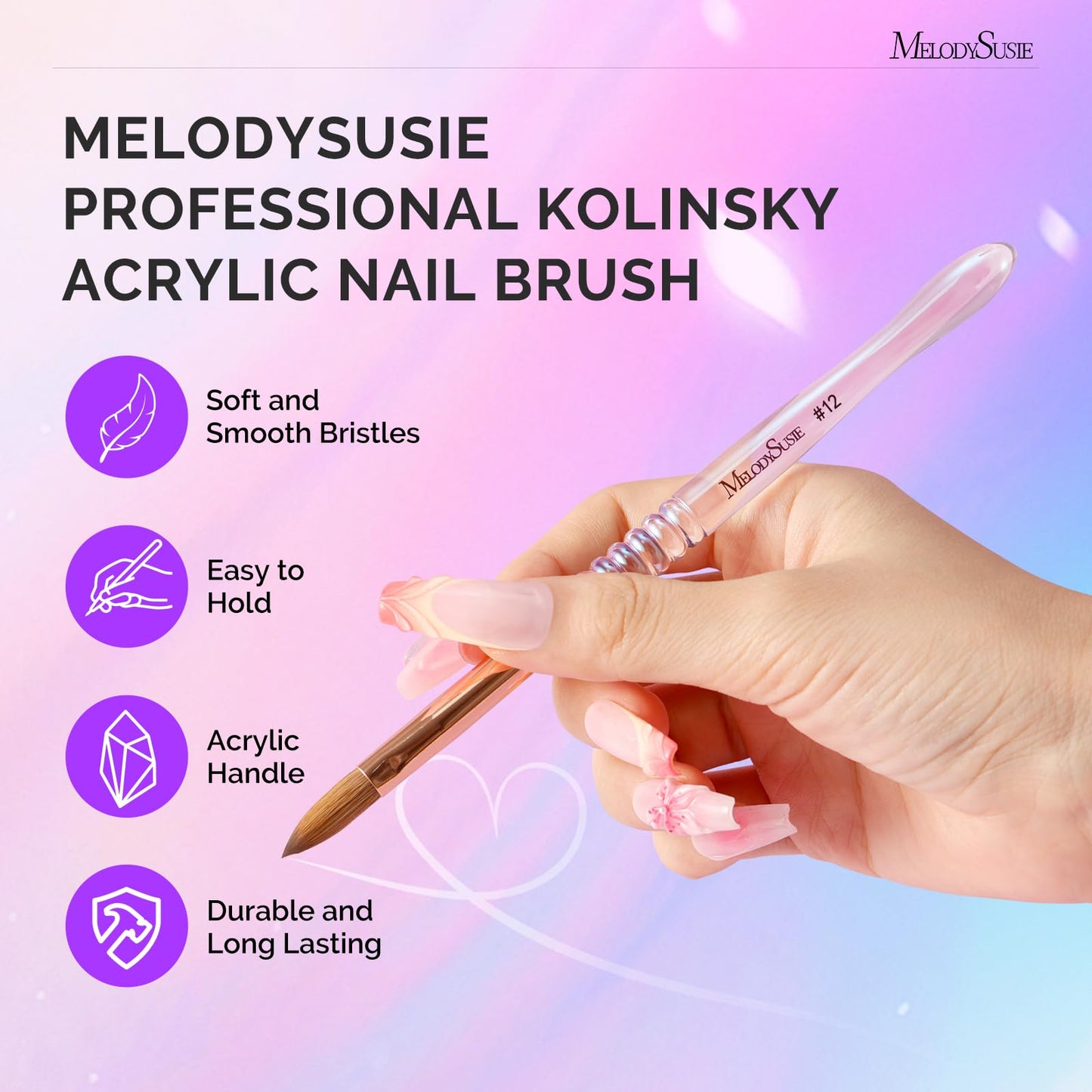 MelodySusie Kolinsky Acrylic Nail Brush, 80% Pure Kolinsky Hair, Professional Nail Brush for Acrylic Powder Nail Extension and 3D Nail Carving, Nail Art Tools for DIY Home Salon, Size 12