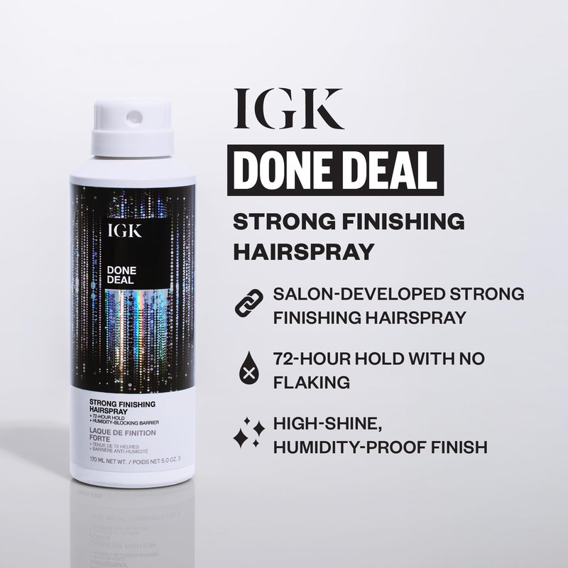 IGK Done Deal Strong Hold Finishing Hairspray – Long-Lasting, Humidity-Resistant, Brushable, Firm Control for All Hair Types, 5 oz
