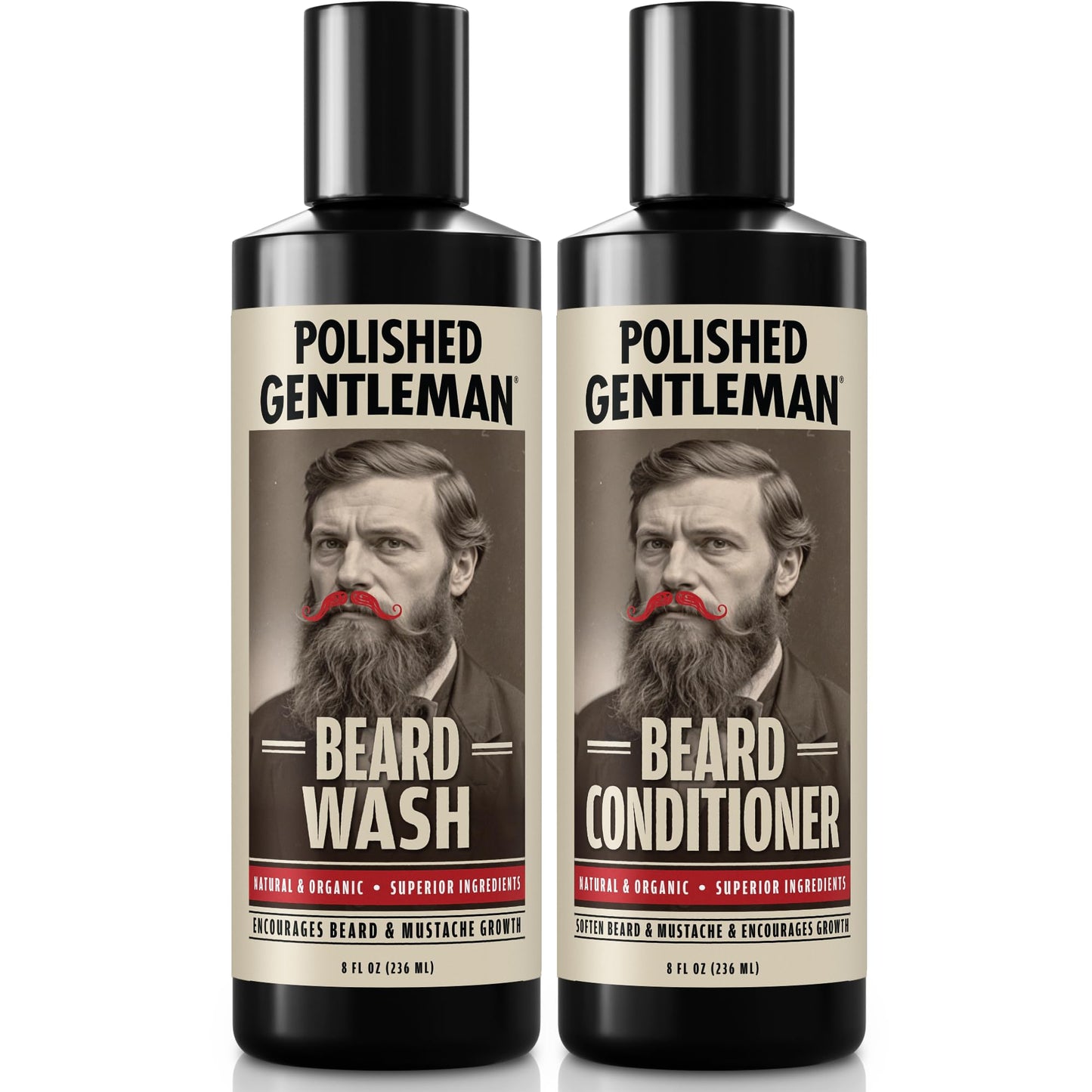 Polished Gentleman Beard Shampoo and Conditioner Set - Refreshing Beard Moisturizer & Mustache Softener - Beard Thickener with Tea Tree & Growth Oil - Paraben-Free & Sulfate-Free - Made by USA (8oz)