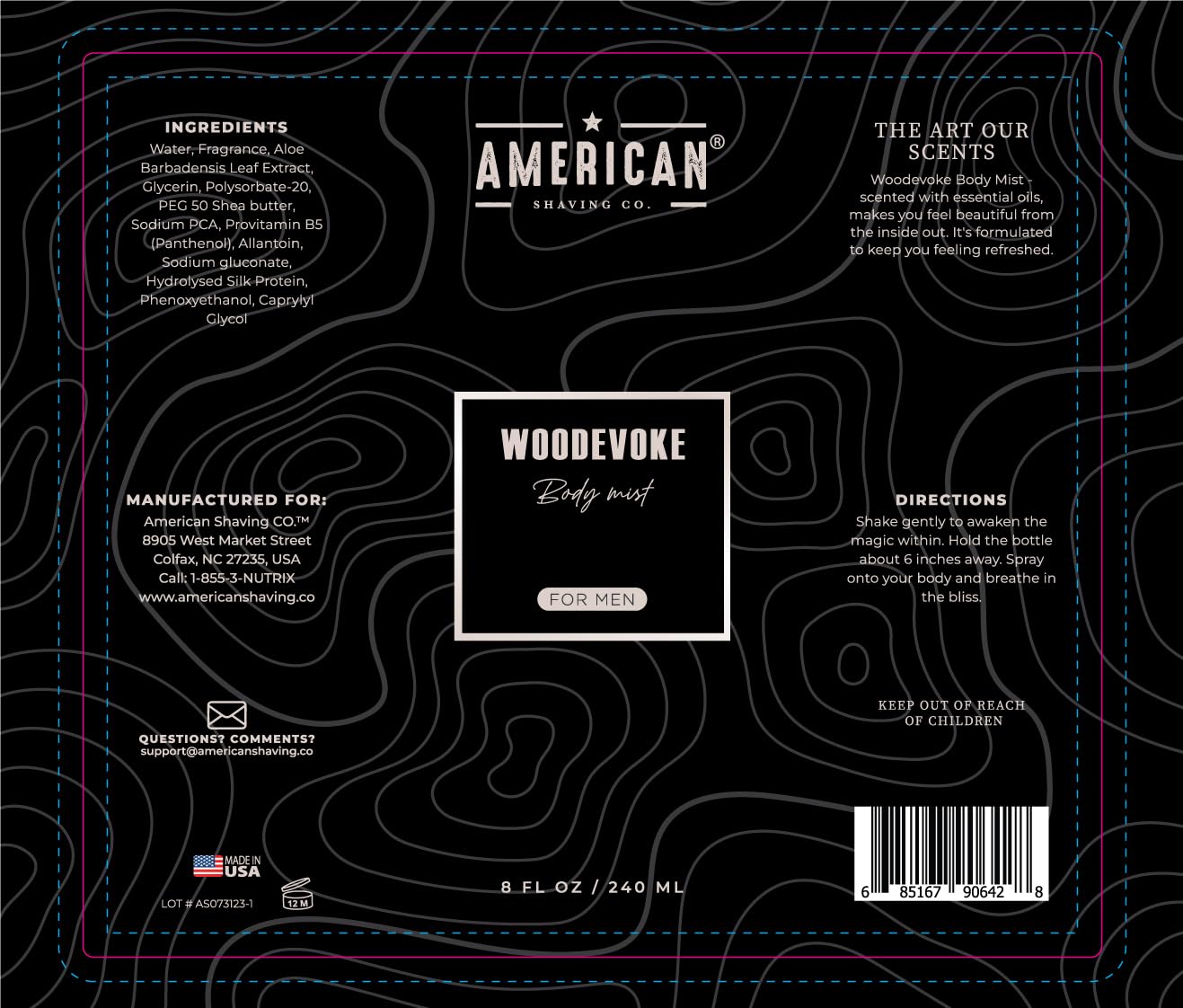 American Shaving Co. Woodevoke Body Mist For Men 8 oz, Made in USA, Quick Absorption, Quality Potent Ingredients, Long-Lasting, Non-GMO, GMP Certified, Cruelty-Free Products