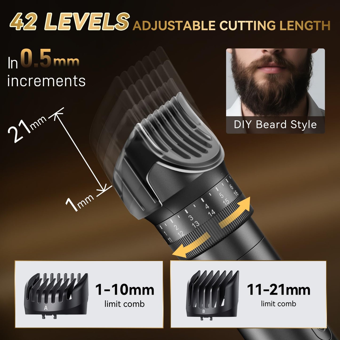 kensen Beard Trimmer for Men - 42 Adjustable Length Settings Hair Clippers, Professional Mustache Trimmer for Men Precision Facial Hair Trimming Nose Trimmers IPX6 Grade LED Display Body Hair Trimmers