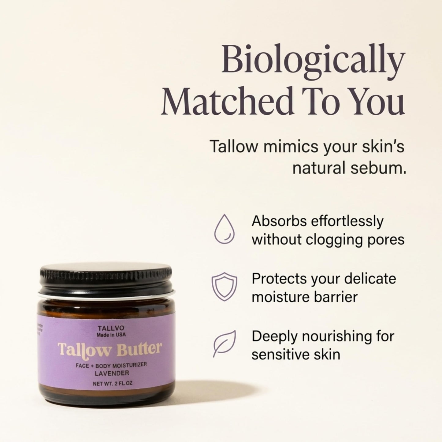 Tallvo Grass-Fed Beef Tallow Moisturizer for Face & Body Whipped Tallow Balm for Dry Skin, Eczema & Sensitive Skin Natural, Non-Toxic, Deep Hydration Skincare (Lavender, 2 oz)