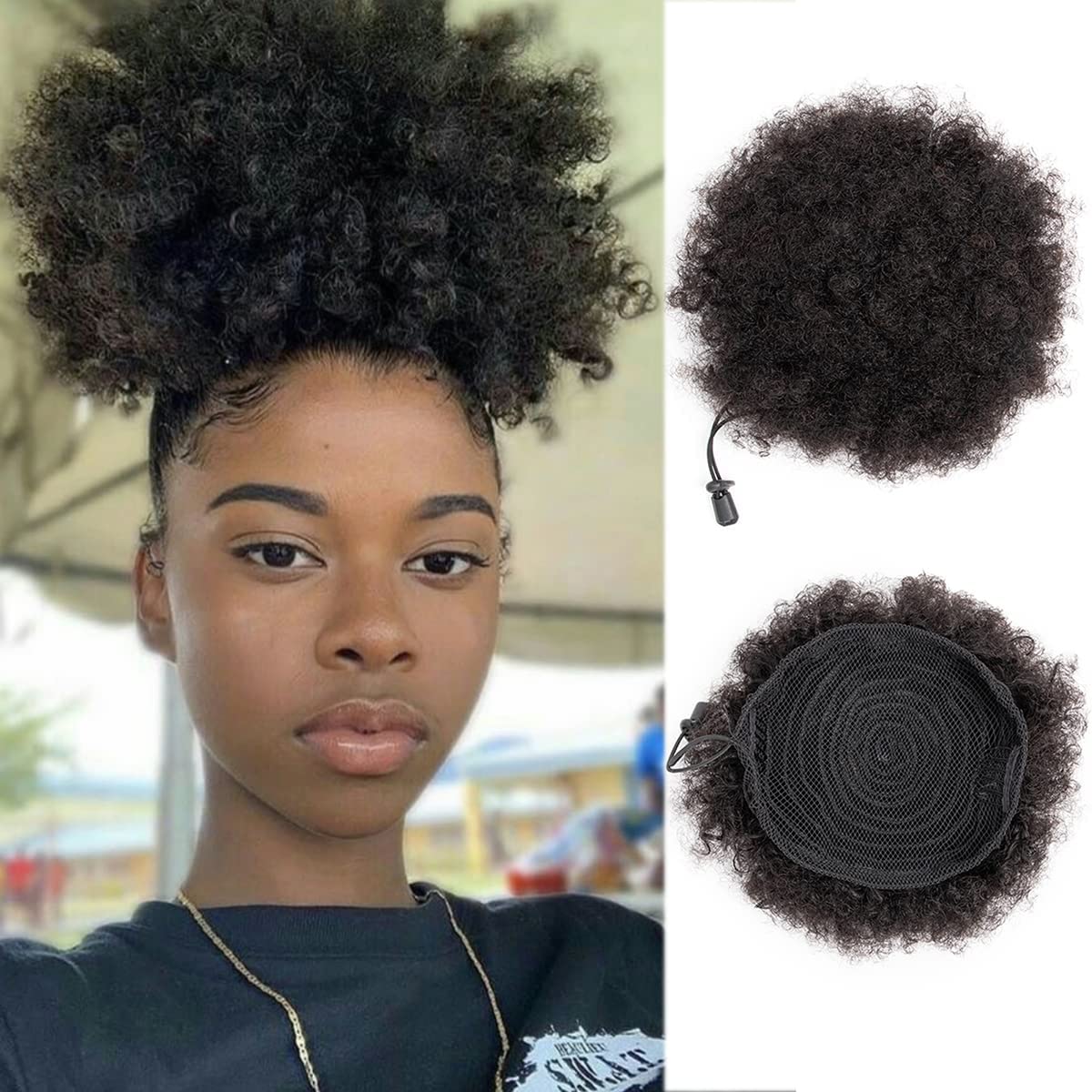 Afro Puffs Large Human Hair Buns - Natural Drawstring Ponytail Extensions | 8 Inch Natural Black for Women