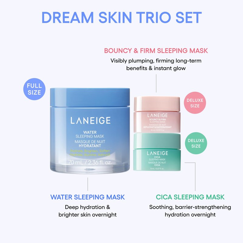 LANEIGE Dream Skin Trio: Korean Sleeping Mask Set for Hydrating, Soothing, & Visibly Plumping Overnight Benefits