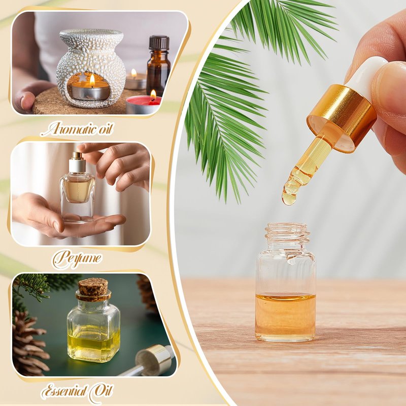 Didaey Mini Glass Oil Dropper Bottle Bulk, Clear Essential Small Empty Bottles Sample Containers Perfume Liquid Vials with Cap for Traveling(3 ml,Gold,200 Pcs)