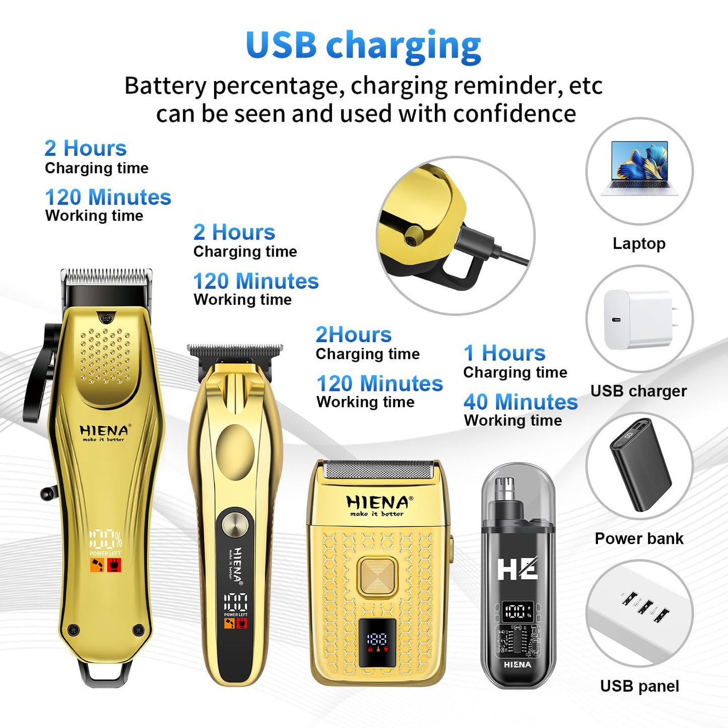 HIENA PRO Hair Clippers for Men Professional, Cordless Barber Clipper & T-Blade Beard/Hair Trimmer Set, Electric Razor Foil Shaver Nose Trimmer Barber Kit, Men's Hair Cutting Kit (Gold)