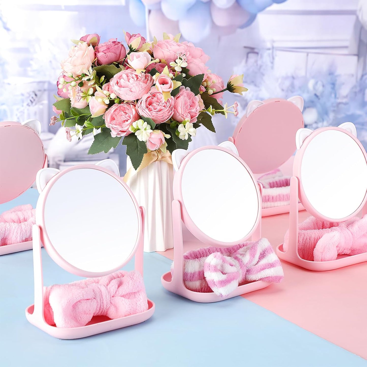 DoubleFill 8-Piece Spa Party Supplies Set | Cat Table Mirrors & Pink Bow Headbands for Slumber Birthday Parties