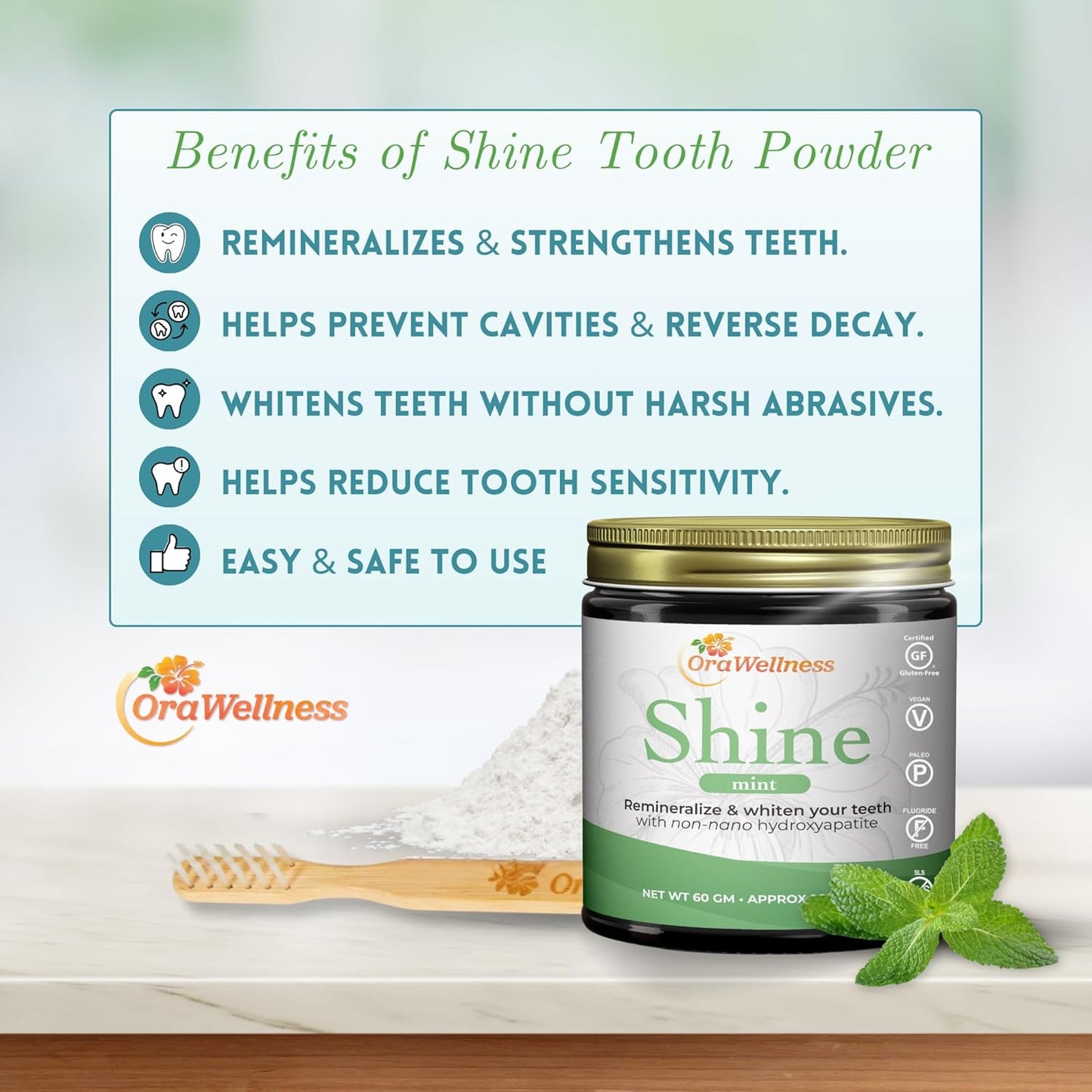OraWellness Shine Tooth Powder - Remineralizing Mint Formula for Natural Teeth Whitening | Fluoride-Free, Microcrystalline Hydroxyapatite