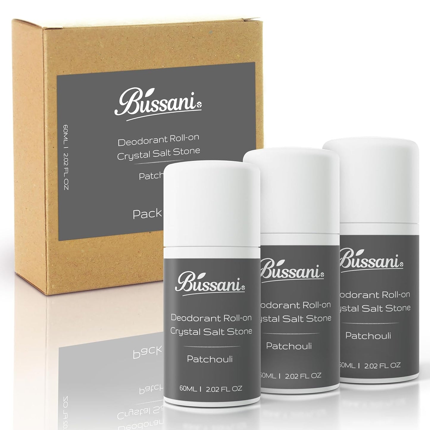 Bussani Crystal Salt Stone Deodorant for Men - Aluminum Free, Non-Irritating | 2.02 Fl Oz | Quick-Dry, No Stains | 3-Pack