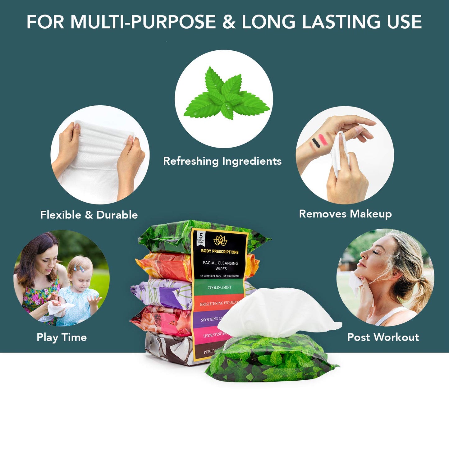 Body Prescriptions Makeup Remover Wipes - Bulk Pack, Gentle Cleansing Wipes for Easy Makeup Removal