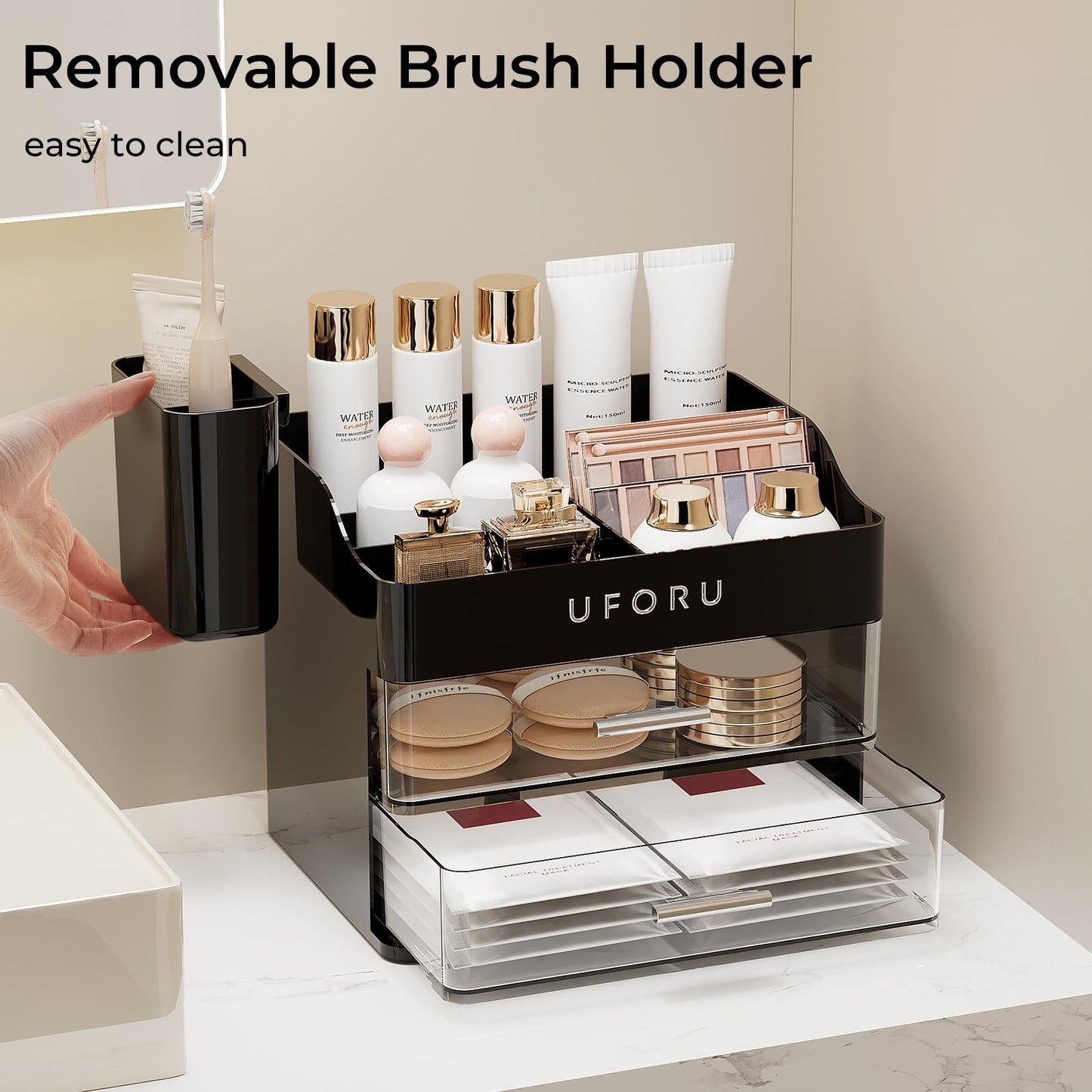 UFORU Makeup Organizer for Vanity with Brush Holder, Countertop Skincare Organizer with 2 Drawers, Spacious Cosmetic Display Case for Perfumes, Cologne, Shaving Lotion