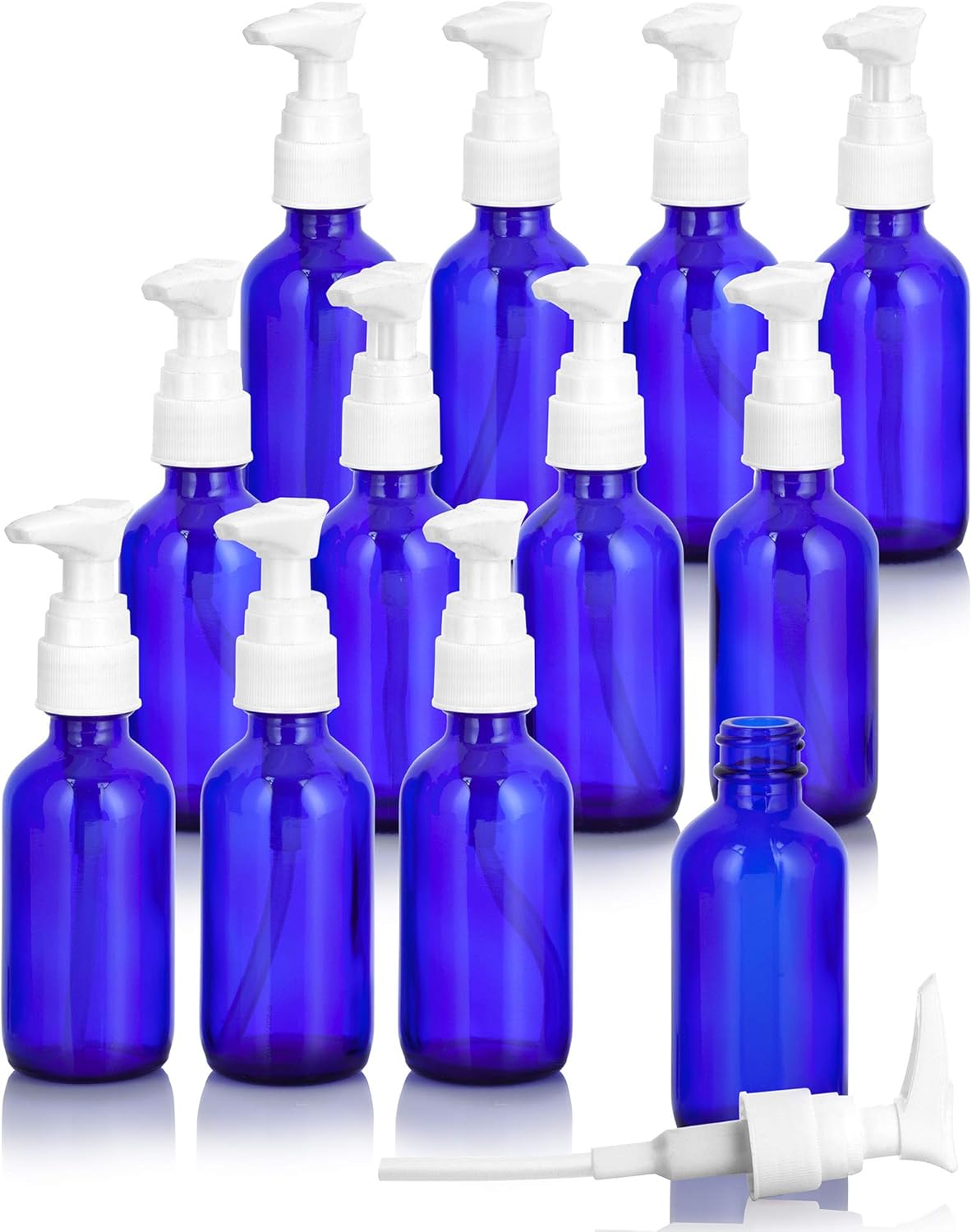Blue Cobalt Glass Boston Round Bottles - 2 oz with White Lotion Pump | 12 Pack