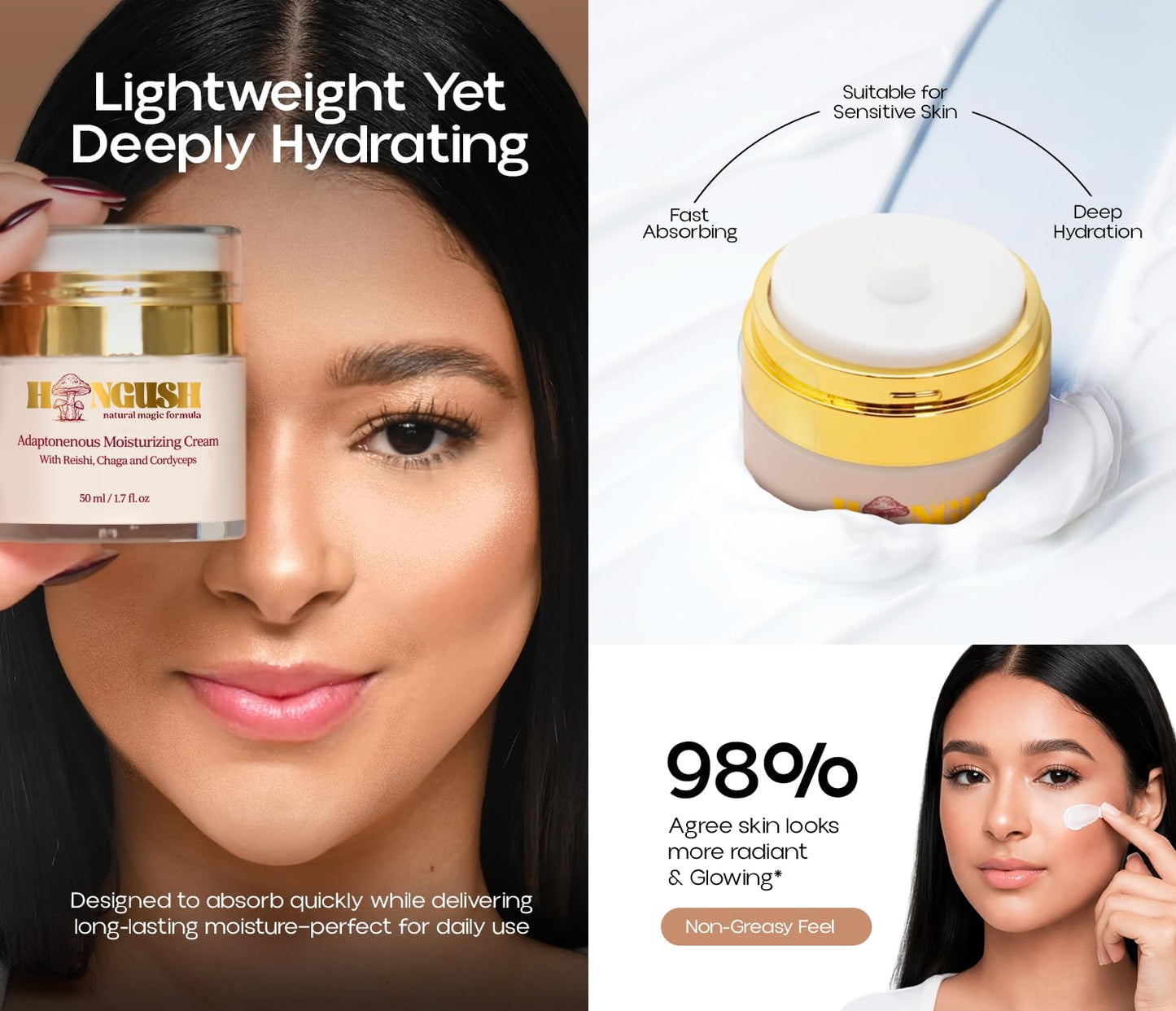 HONGUSH Natural Formula Facial Moisturizer (Reishi, Chaga, and Cordyceps) – Lightweight Daily Hydrating Face Cream for Dry and Oily Skin – Non-Greasy Moisturizer – 50 ml