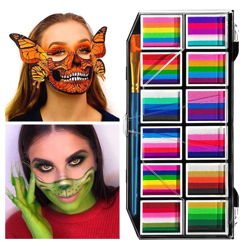 12 Colors Face Body Paint Palette,Split Cake Face Paint Palette FX Makeup, Water Activated Non Toxic Rainbow Body Painting with Brush for Halloween Makeup,Festivals & Events