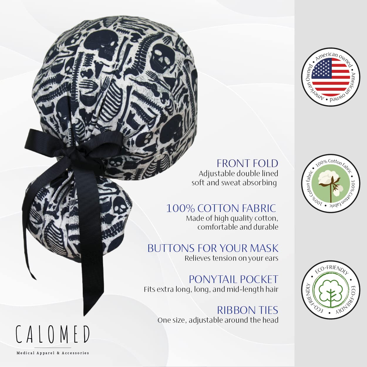 CALOMED Scrub Cap for Women and Men, Ponytail Scrub Caps, Working Hat, Head Cover with Ribbon Ties and Buttons, Long Hair (Vintage Skeleton)