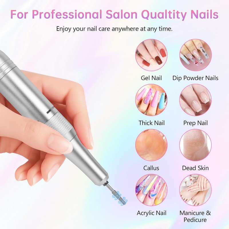 Electric Nail Drill - 45000RPM Portable Rechargeable E-File Kit | Ultra-Silent with 11 Bits & LED Screen (Pink)