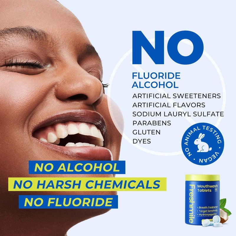 Freshmile Travel Mouthwash Tablets for Sensitive Teeth & Gum Health – Fluoride & Alcohol-Free, Nano-Hydroxyapatite (NHA) & Xylitol for Bad Breath & Tooth Repair (60 Count)