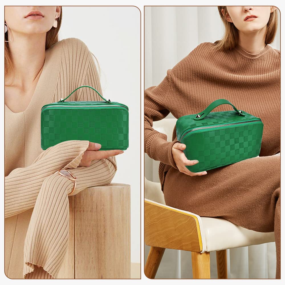 Cessfle Large Capacity Travel Cosmetic Bag Plaid Checkered Makeup Bag Portable Leather Waterproof Skincare Bag with Handle and Divider for Women 01-Green