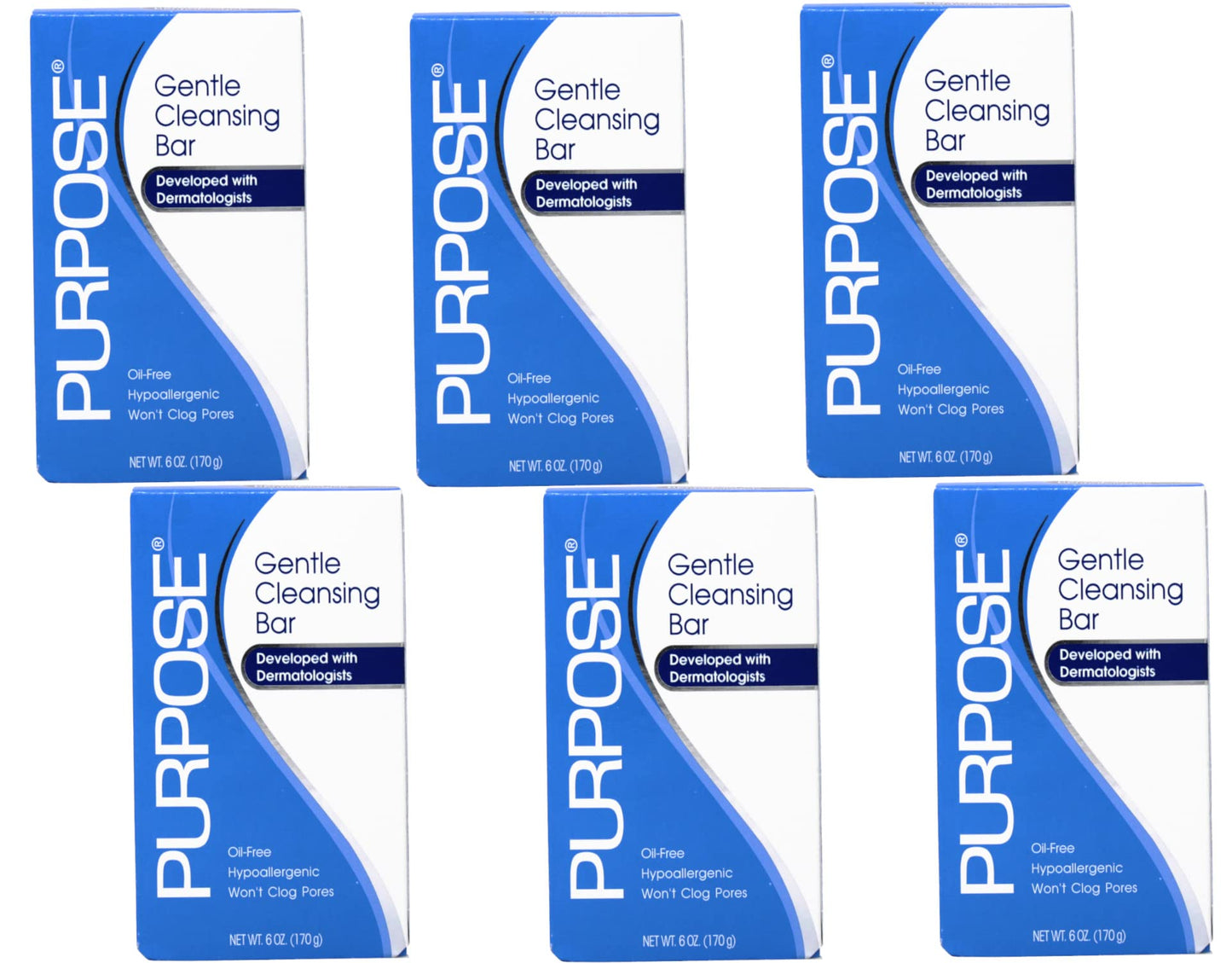 PURPOSE Gentle Cleansing Bar, As Gentle As Water, All Skin Types, For Sensitive & Dry Skin, Oil-free, Hypoallergenic, Sulfate-Free, 6 oz Bar (Pack of 6)