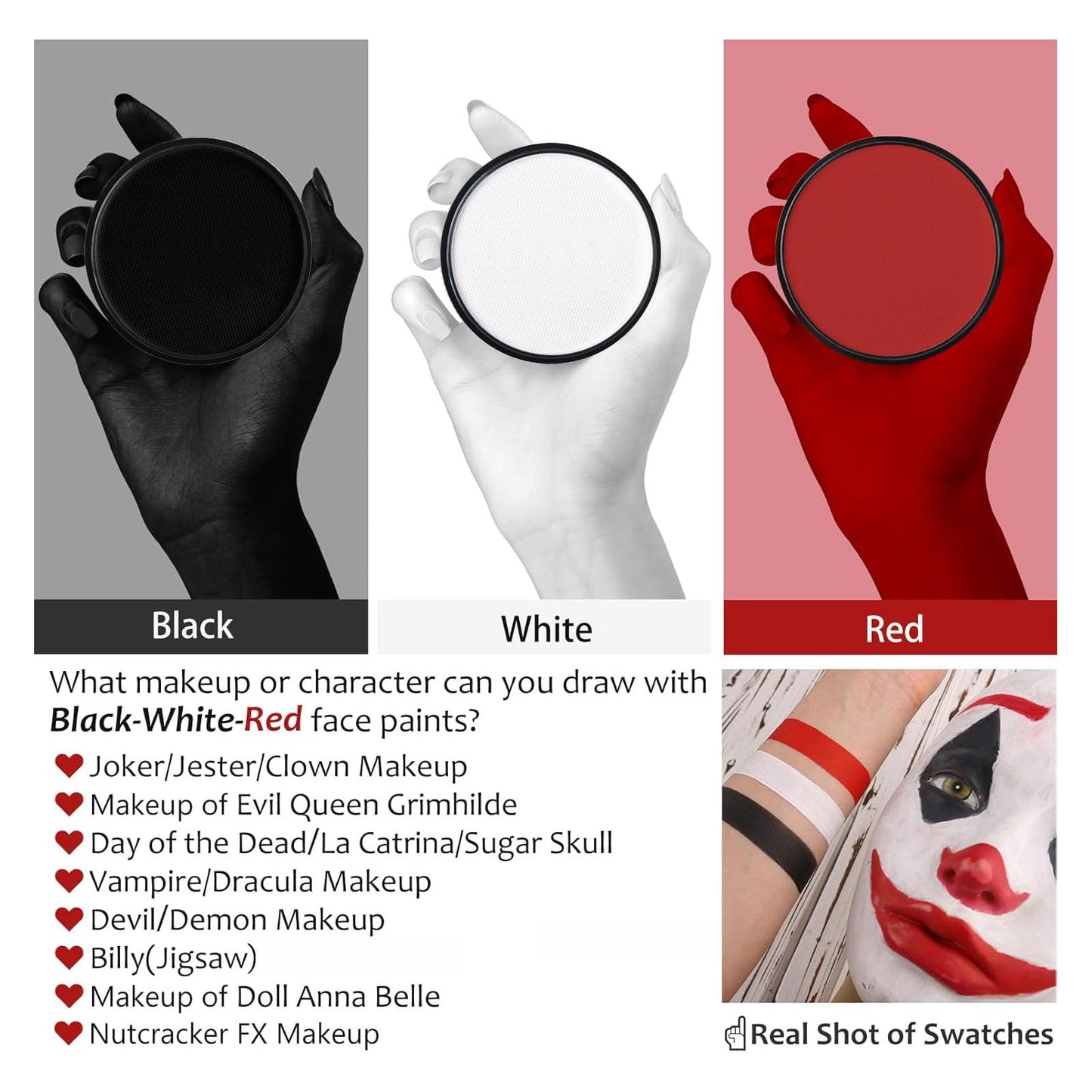 Black + White + Red Face Body Paint, Water-Based Face Painting Kit Professional, Large Capacity SFX Makeup Set with brush & Powder puff, Sponge for Halloween Makeup Clown, Cosplay, Stage