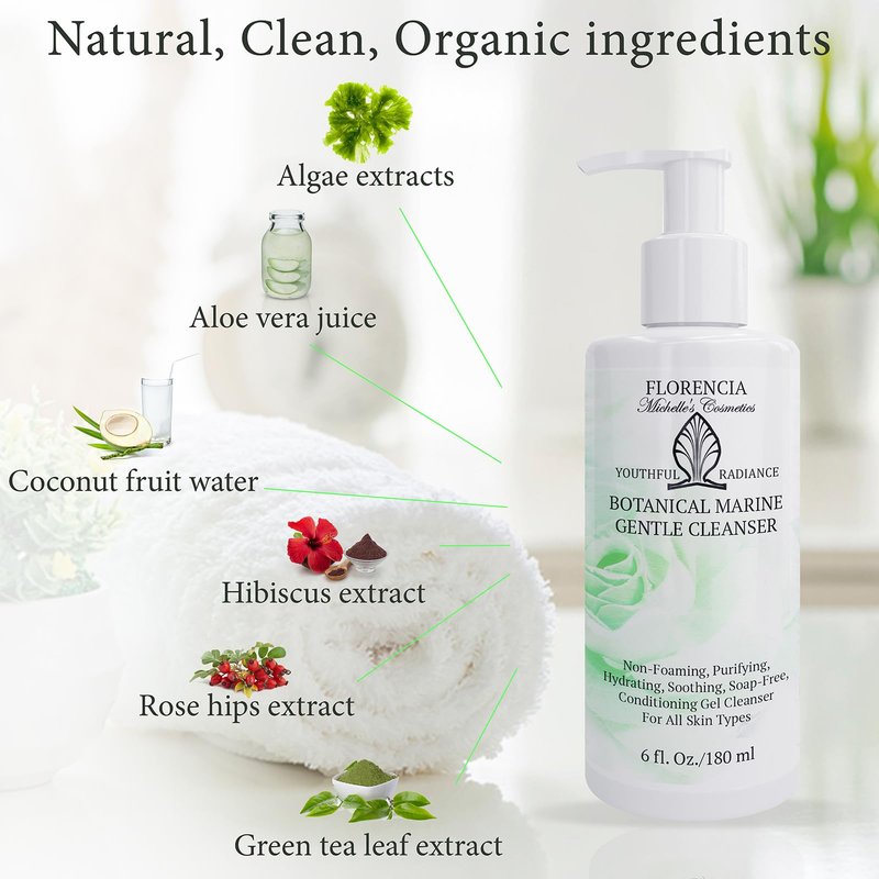 Florencia Botanical Marine Gentle Cleanser – Non Foaming Hydrating Purifying Face Wash with Marine Algae Seaweeds and Organic Botanicals for Dry Normal and Sensitive Skin – 6 Fl Oz