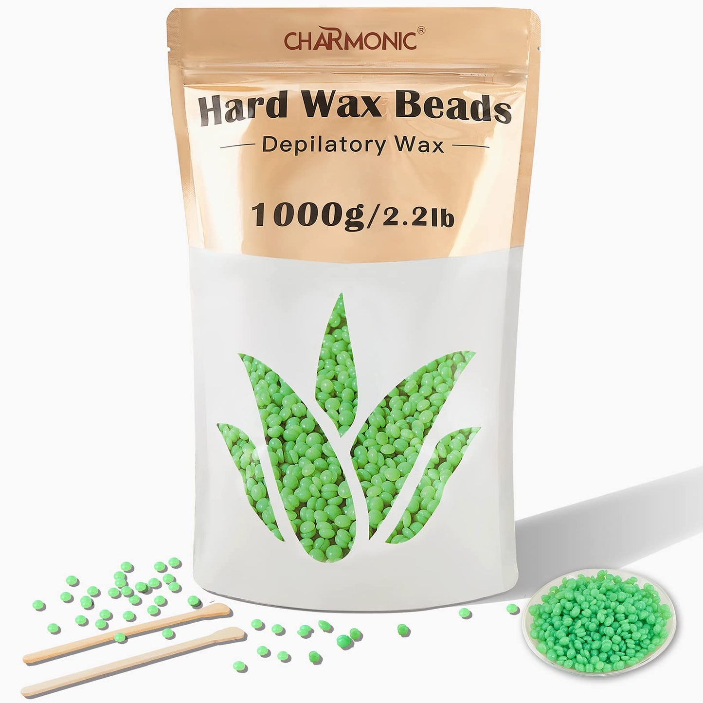 2.2LB/1000g Wax Beads, Hard Wax Beads, Hard Wax Kit for Legs, Underarm, Face, Eyebrow, Bikini, and Brazilian Hair Remover, Women and Men Hair Removal Wax Beans Include 50 Waxing Sticks By Charmonic