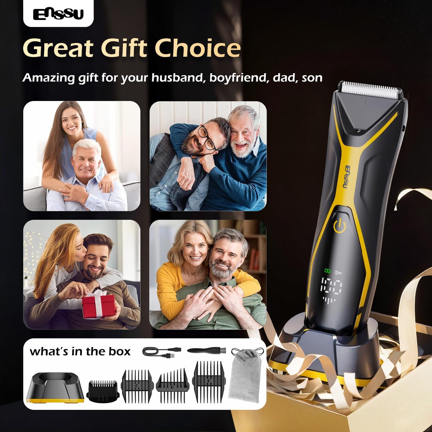 ENSSU Body Hair Trimmer for Men Manscape Trimmer for Men, Electric Ball Shavers with Ceramic Blades & BLADELOCK™, Pubic Hair Groomer IPX7 Waterproof Wet or Dry Use for Groin/Legs/Chest
