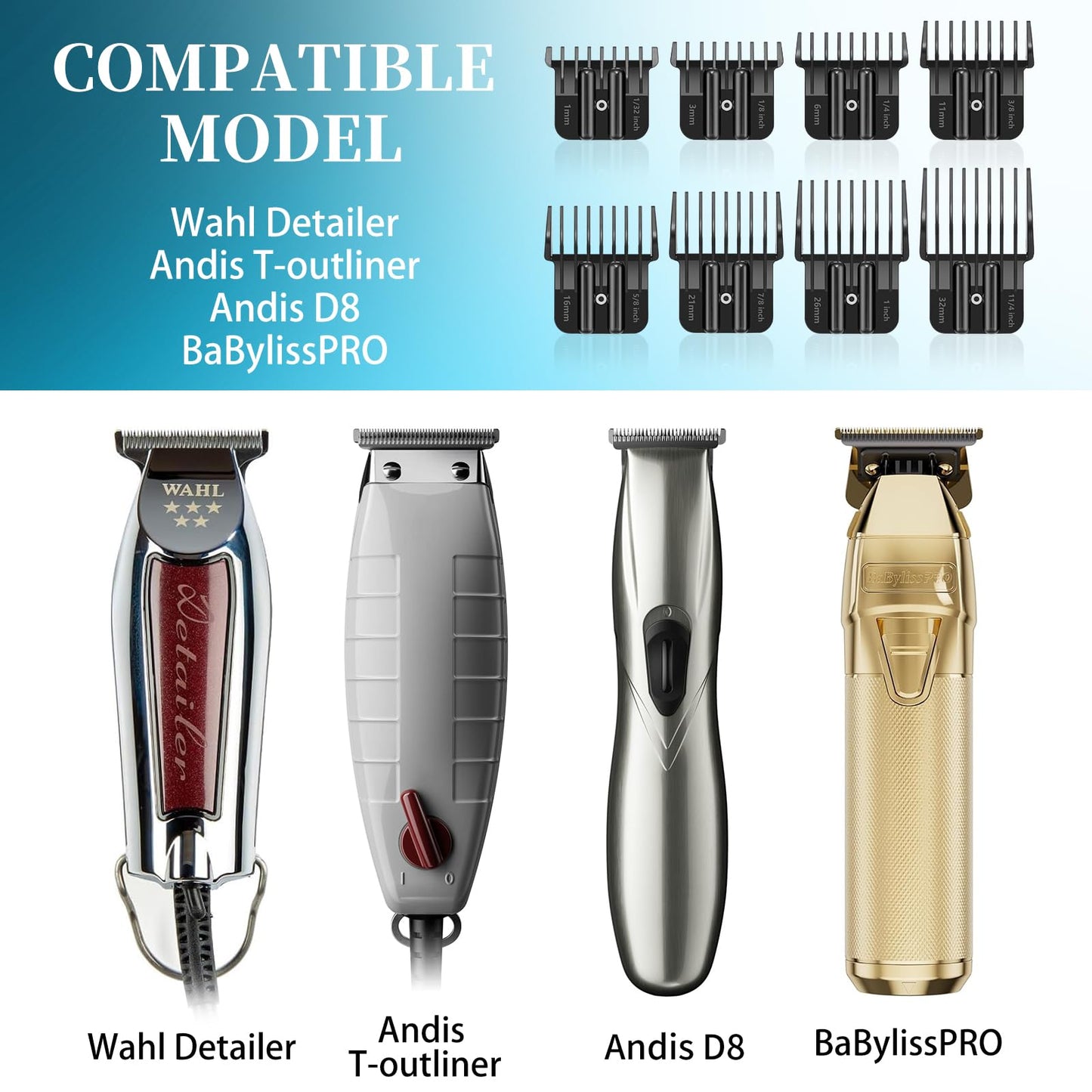 8 Premium Trimmer Guards Fits for BaBylissPRO Barberology Outlining Hair Trimmers (FX787) and LoPROFX Trimmers (FX726), Replacement Guards with Metal Spring Clip - From 1/32-5/4 inch with Organizer
