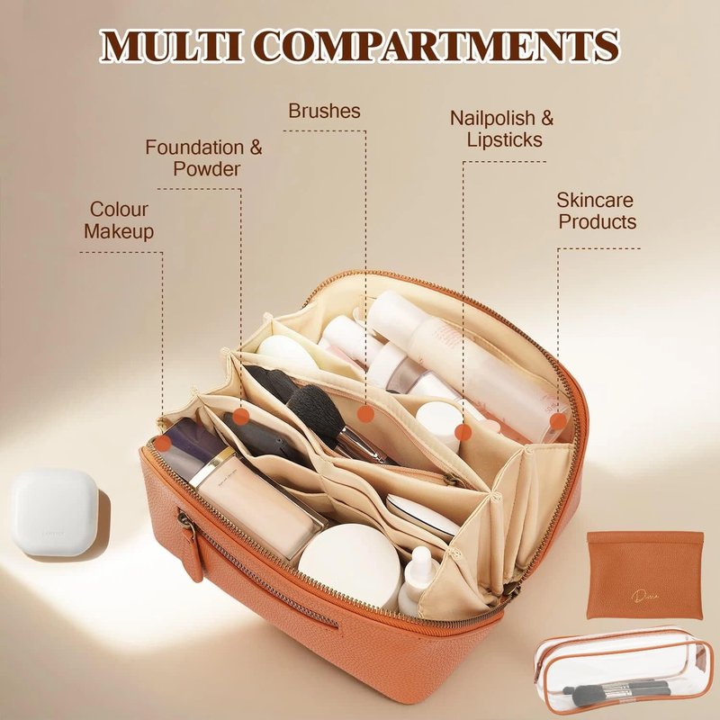 Divvia Travel Makeup Bag 3 Pcs Set, Waterproof Vegan Leather Toiletry Bag Organizer with Compartments & Handle, Cosmetic Bags for Women, Portable Travel Essentials Pouch (Large, brown)