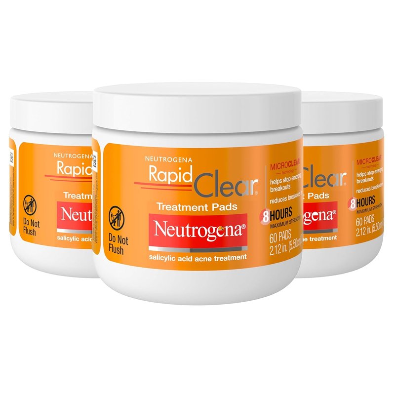 Neutrogena Rapid Clear Acne Face Pads - Maximum Strength 2% Salicylic Acid | Oil-Free Cleansing, 3 Pack