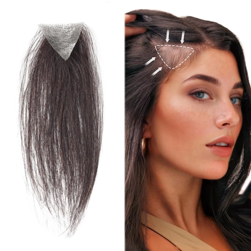 Human Hair Toupee for Hair Loss - Triangle Hair Patch for Men & Women | Dark Brown, 1.6" x 1.6" x 1.6" (2 Pcs)