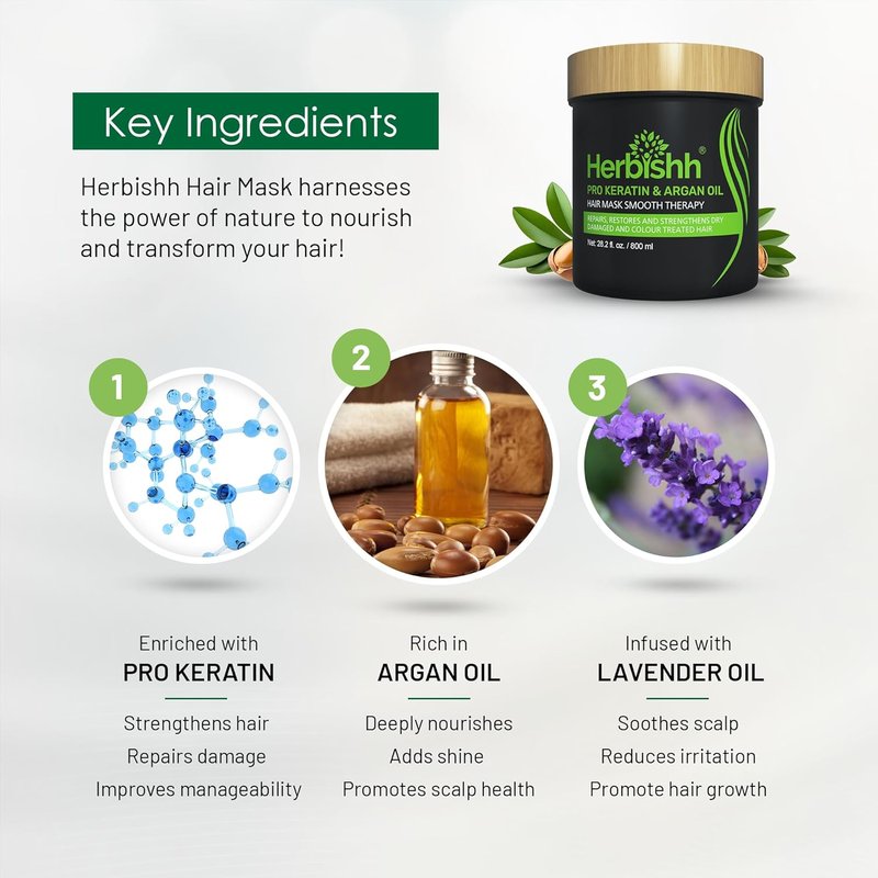 Herbishh Argan Hair Mask - Deep Conditioning & Hydration for Dry, Weak Hair | 800ML, Sulfate-Free, Paraben-Free