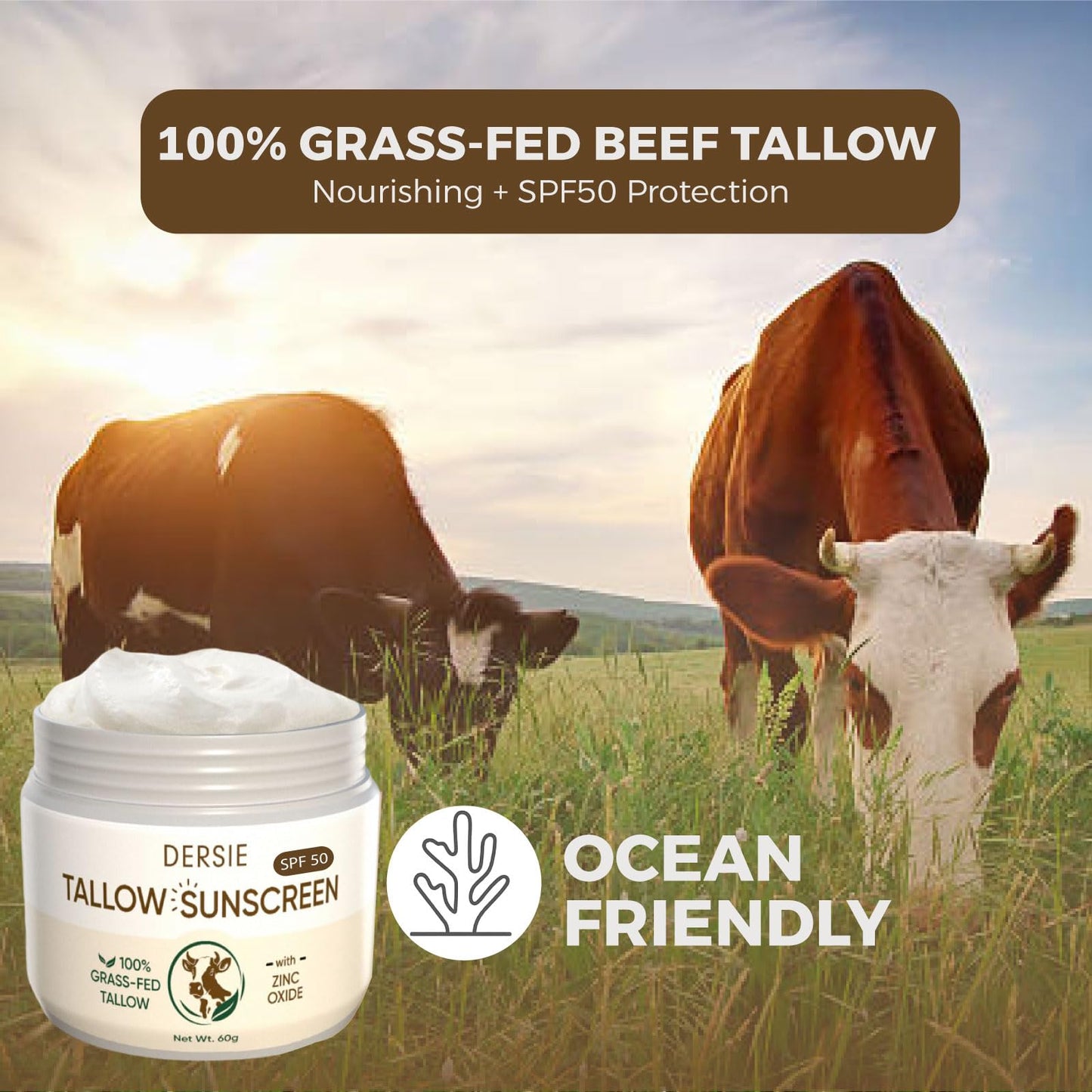 Dersie Tallow Sunscreen SPF 50 – Mineral UV Defense with Non-Nano Zinc Oxide – Face & Body Sun Protection for Adults & Kids – 100% Grass-Fed Beef Tallow for Moisture Retention & Skin Comfort (2.1 oz)