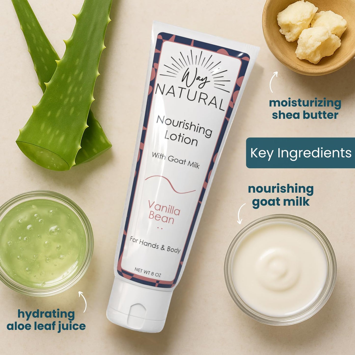 Way Natural Nourishing Goat Milk Lotion, Vanilla Bean - Home & Away Set, Natural Hand & Body Vanilla Lotion for Dry Skin - Goat Milk Hand Cream for Women & Men - 8oz & 2oz Travel Size Tube