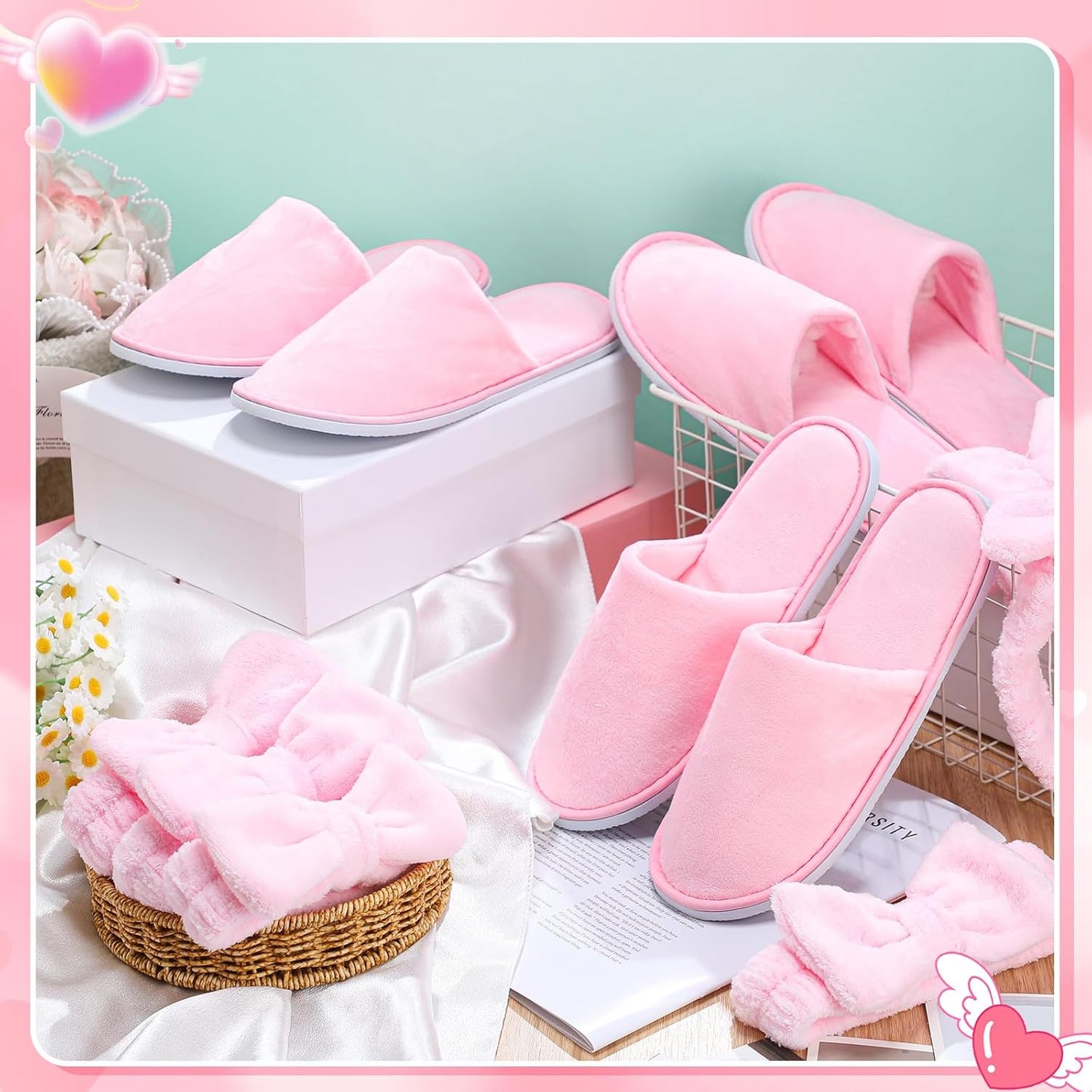 Girls Spa Party Supplies - 12 Pcs Kids Sleepover Set with Disposable Slippers & Bow Headbands | Perfect for Birthday Favors