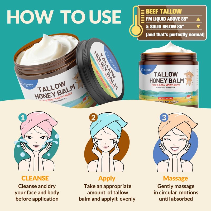 Beef Tallow for Skin - 100% Grass Fed - Whipped Tallow and Honey Balm，Moisturizer Cream for Face & Body -Natural Organic Formula for Dry & Sensitive Skin (Citrus Breeze) (4 oz)