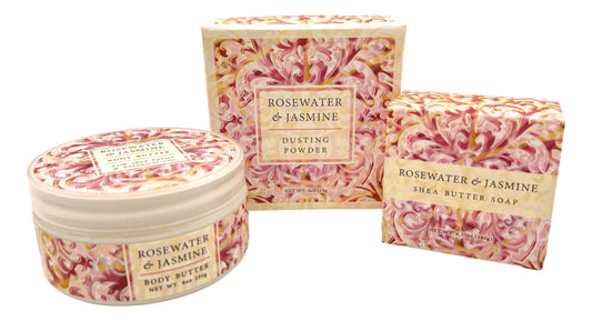 Greenwich Bay ROSEWATER JASMINE 3 Piece Beauty Gift Set of : BODY BUTTER, SPA SOAP, and DUSTING POWDER
