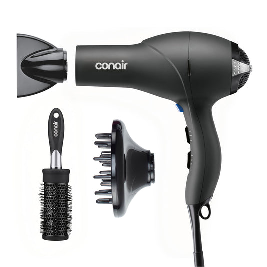 Conair Hair Dryer with Diffuser, Concentrator & Round Brush, Black