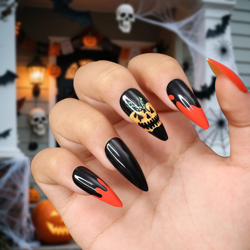 Artquee Halloween Press on Nails 4 Packs 96 Pcs Short Square False Tips with Pumpkin Haunted House Ghost Designs Reusable Fake Stick on Nails Kit for Women - 12 Sizes