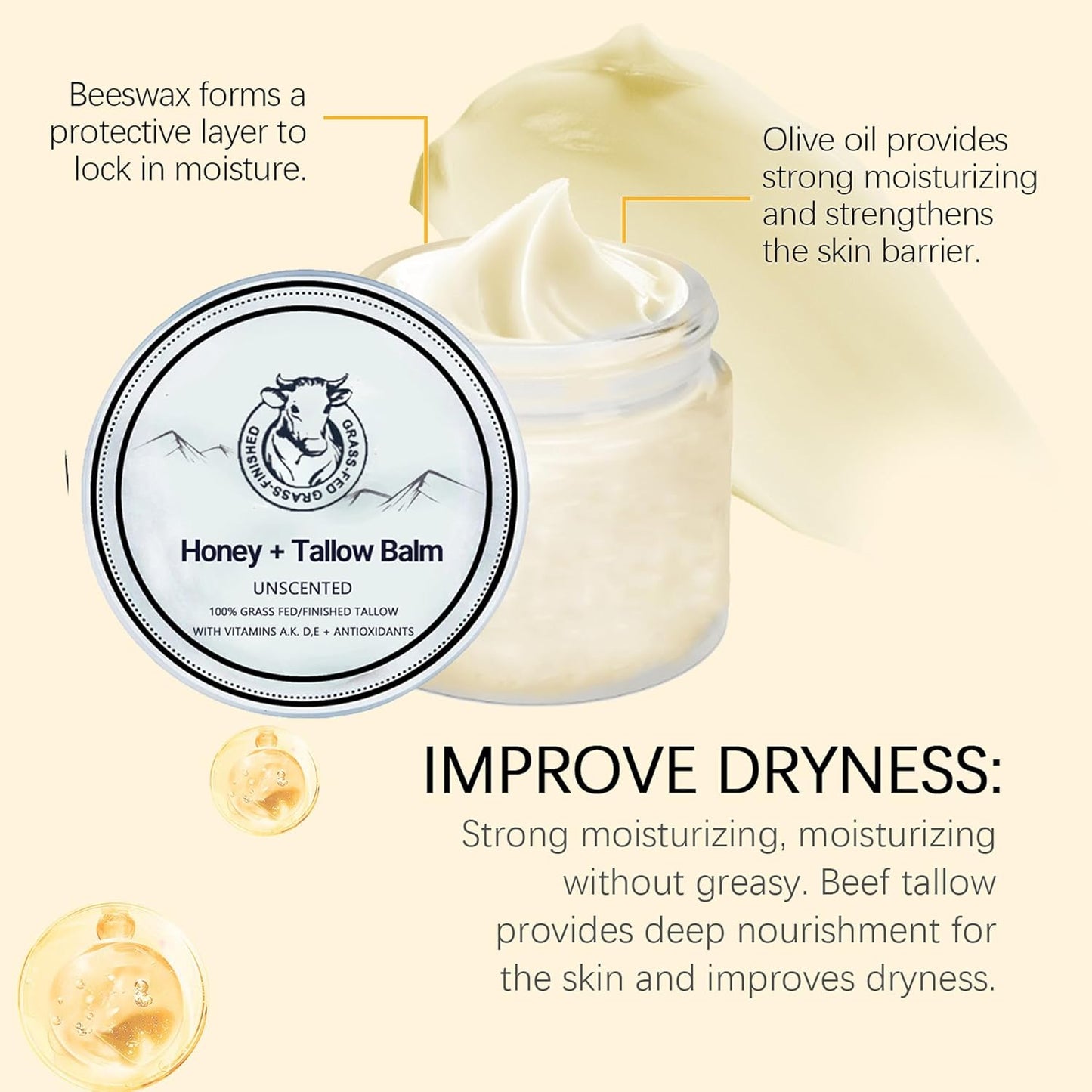 Grass Fed Honey Tallow Balm - Organic Moisturizing Cream for Smooth Skin | Face & Body Use