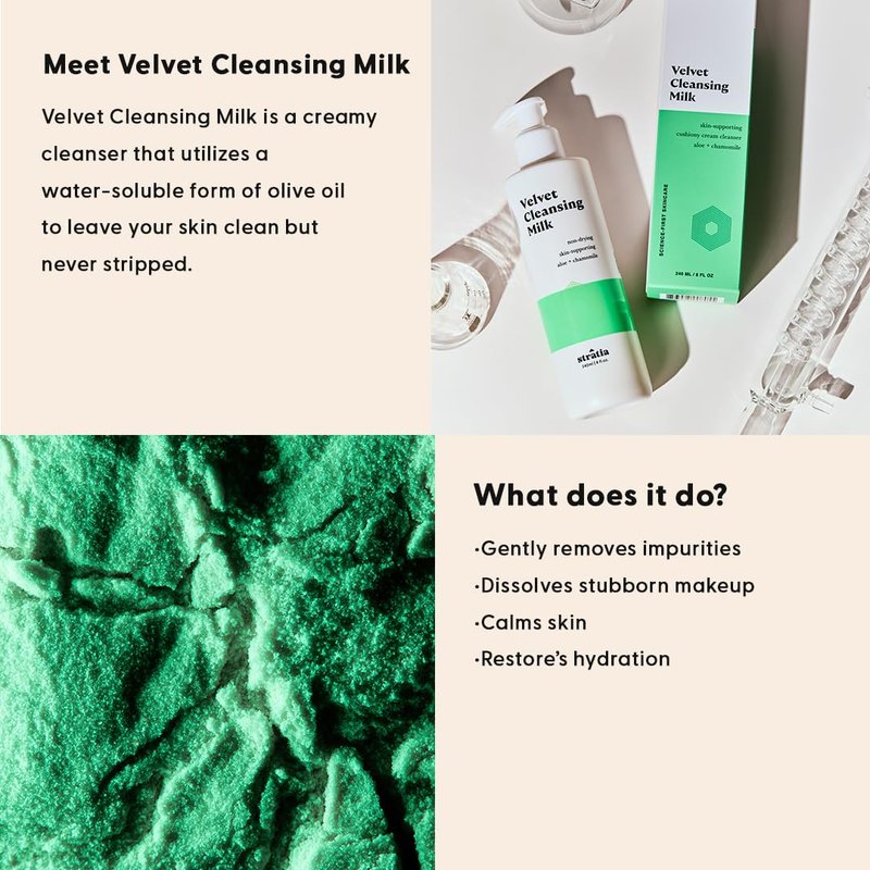 Stratia Velvet Cleansing Milk - Gentle Cream Face Cleanser, Moisturizing & Non-Foaming with Chamomile, Olive Oil & Aloe Vera, 8 Fl Oz