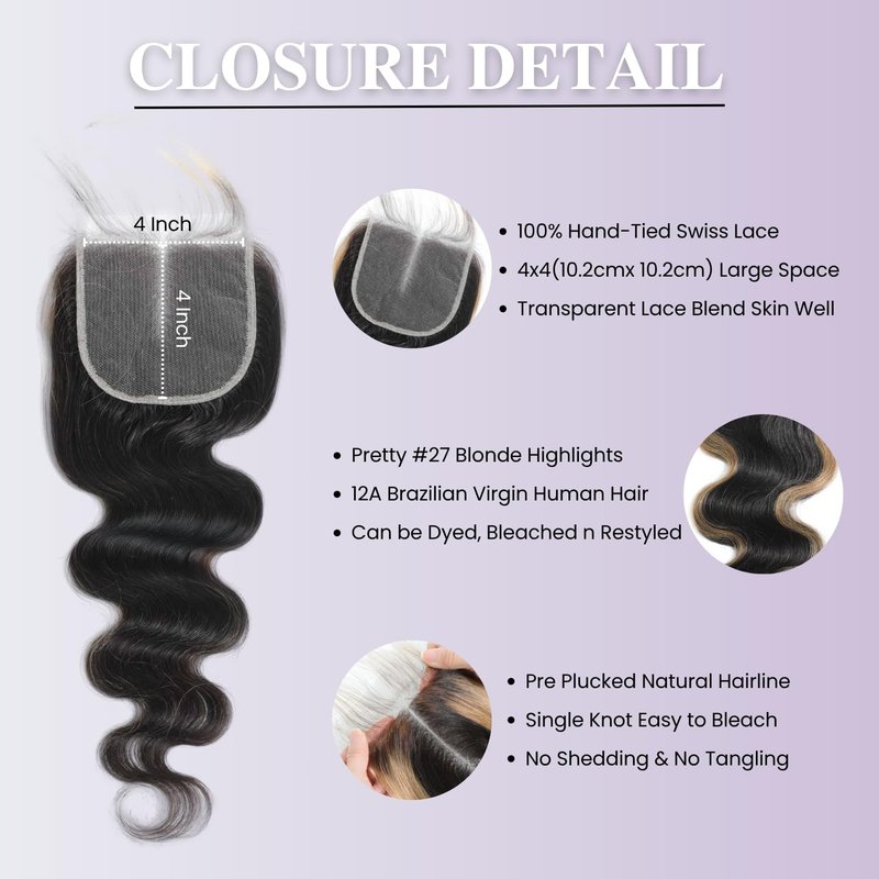 AUROO #27 Honey Blonde Highlight 4x4 Lace Closure Only Human Hair Body Wave 16 Inch, 12A 100% Virgin Hair Skunk Stripe HD Transparent Lace Closure Pre Plucked with Baby Hair Ombre Closure 150% Density
