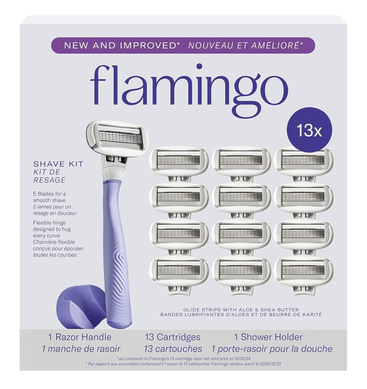 Flamingo Razors for Women, 1 Women's Razor Handle (Lilac), 13 Razor Five-Blade Refills, and 1 Shower Holder