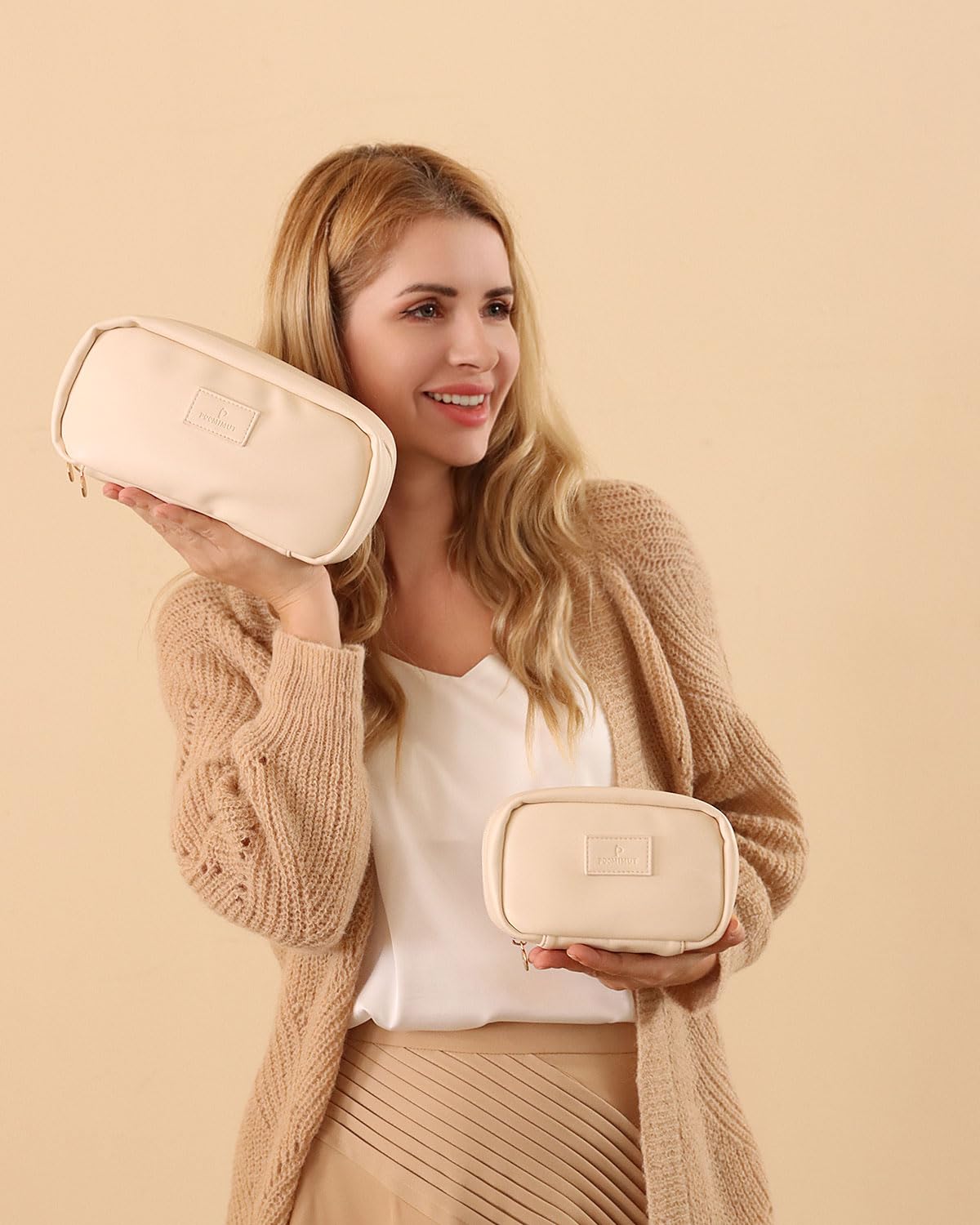 Pocmimut Makeup Bag,2 Pack Open Flat Small Makeup Pouch with Large Cosmetic Bag Travel Essentials Organizer with Divider,Beige
